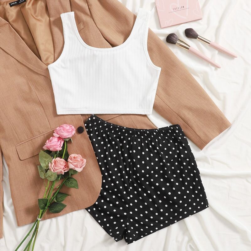

Polka Dot Tank Lounge Set, Black and white