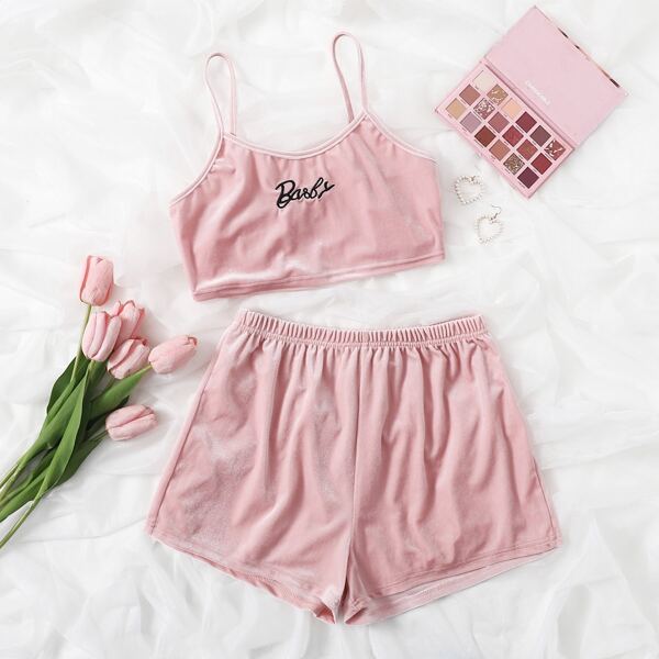 

Letter Embroidered Cami Pajama Set, Baby pink