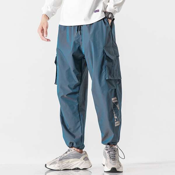 

Men Letter And Graphic Print Cargo Pants, Dusty blue