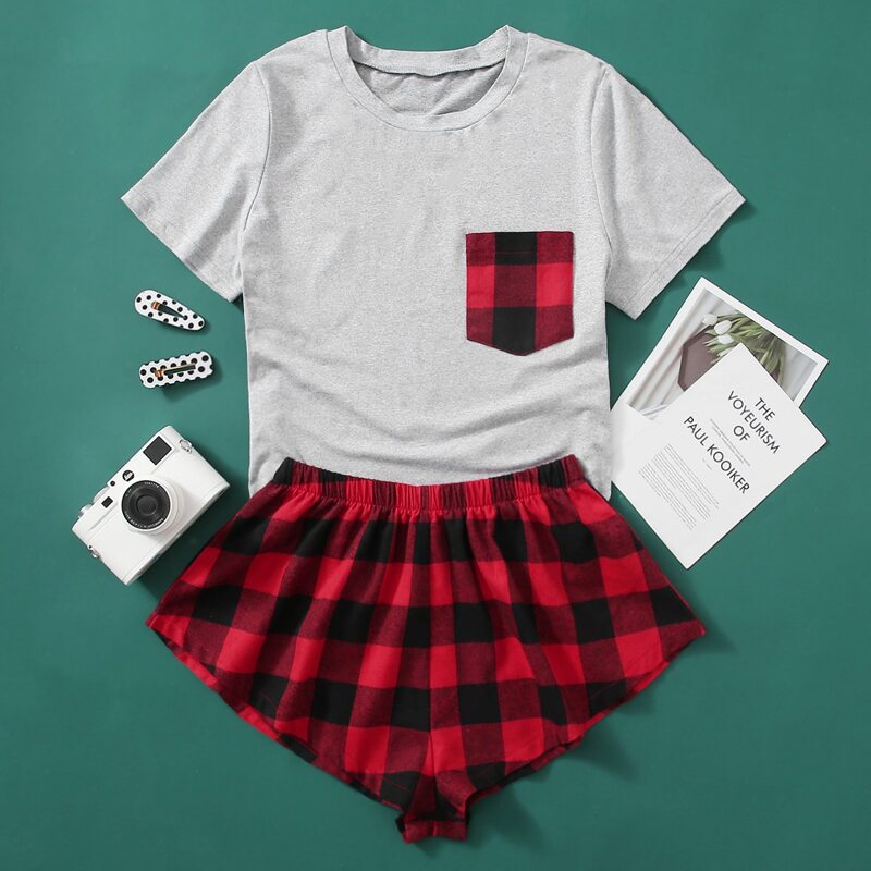 

Gingham Pocket Front Tee & Shorts PJ Set, Multicolor