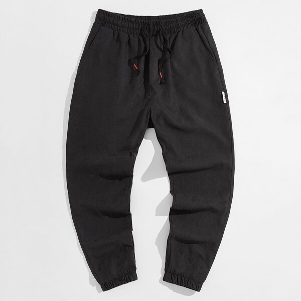 

Men Drawstring Waist Patched Pants, Black