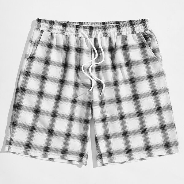 

Men Plaid Drawstring Shorts, White