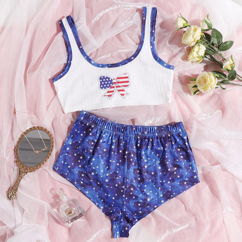 

Galaxy Print Contrast Binding PJ Set, Blue and white