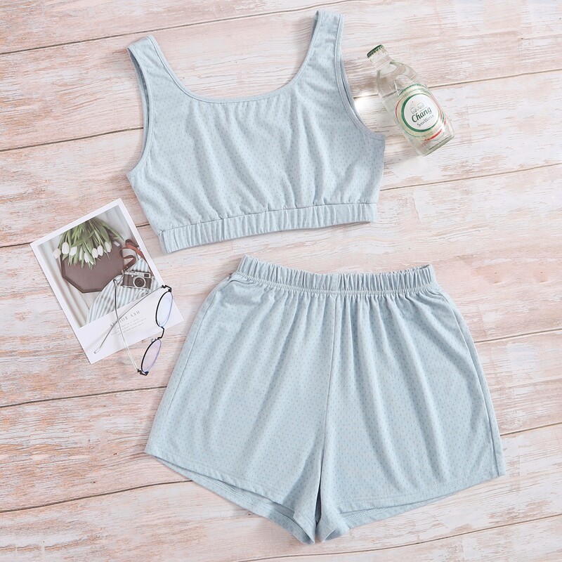 

Solid Crop Tank Top With Shorts Lounge Set, Baby blue