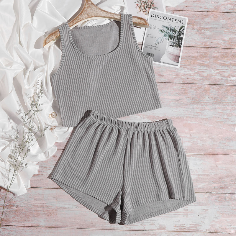 

Rib-knit Crop Tank Top With Shorts Lounge Set, Grey