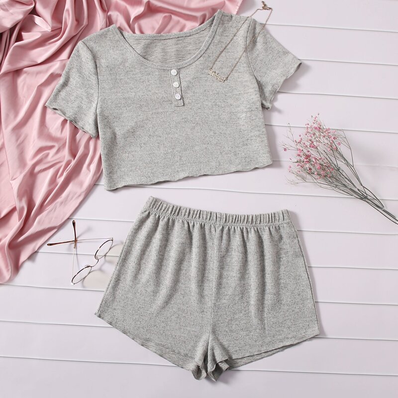 

Solid Crop Tee With Shorts Lounge Set, Grey