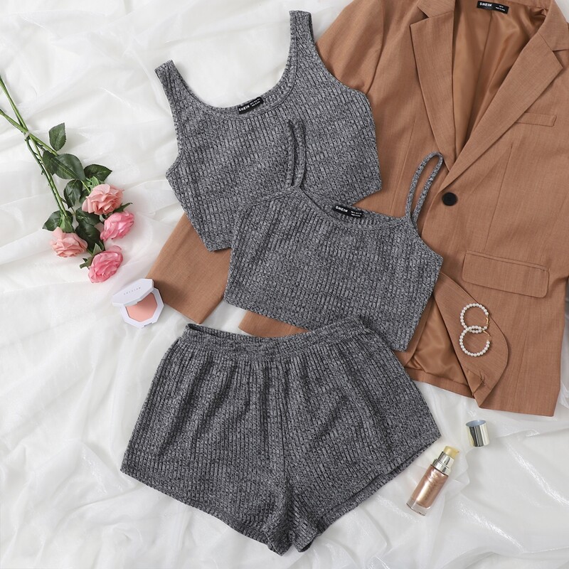

3pcs Solid Rib-knit Lounge Set, Dark grey