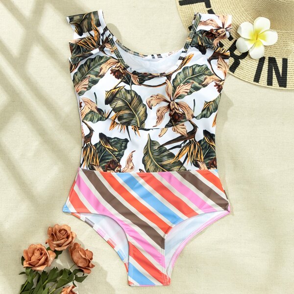 

Girls Plant & Striped Ruffle One Piece Swimsuit, Multicolor