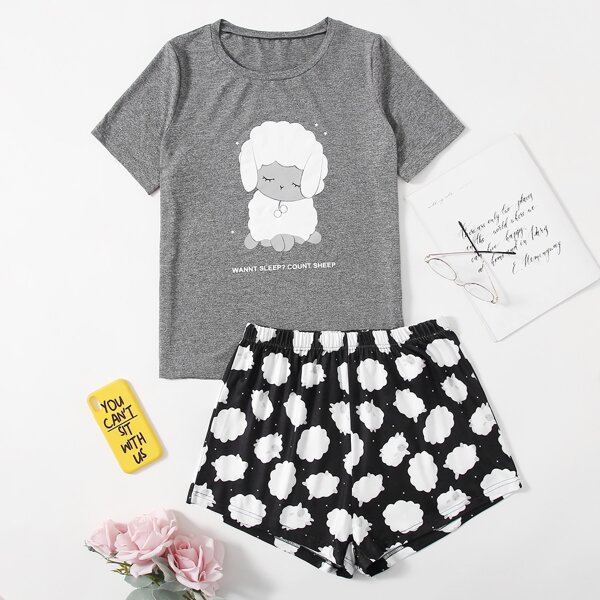 

Sheep And Slogan Graphic Pajama Set, Multicolor