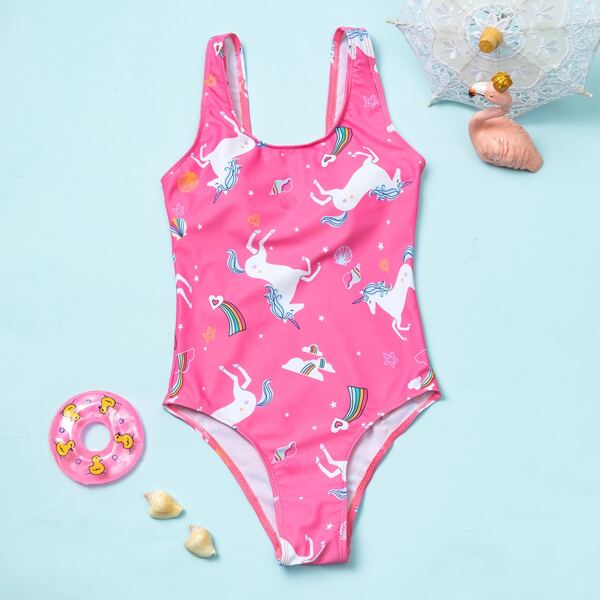

Girls Unicorn & Rainbow Print One Piece Swimsuit, Pink