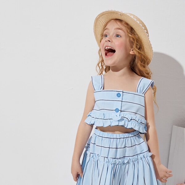 

Toddler Girls Buttoned Front Ruffle Trim Striped Top, Baby blue