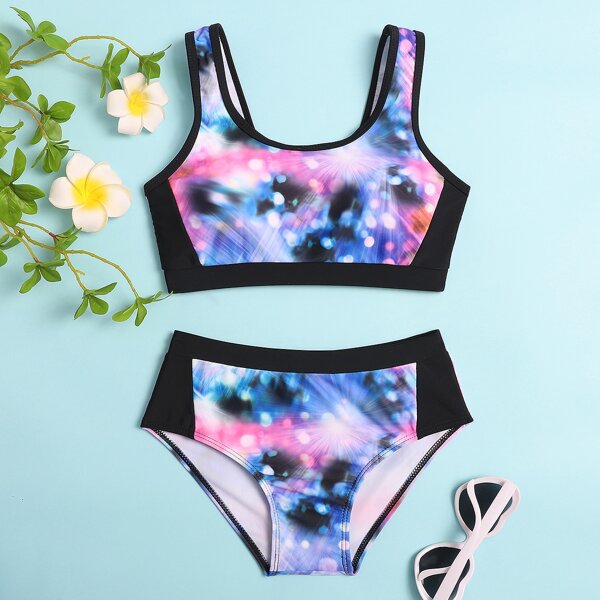 

Girls Allover Graphic Bikini Swimsuit, Multicolor