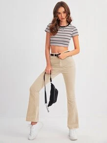 SHEIN BAE Quần Nút màu trơn Giải trí - Màu be - Xem 4