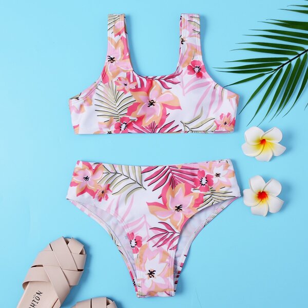 

Girls Random Floral & Plant Print Bikini Swimsuit, Multicolor