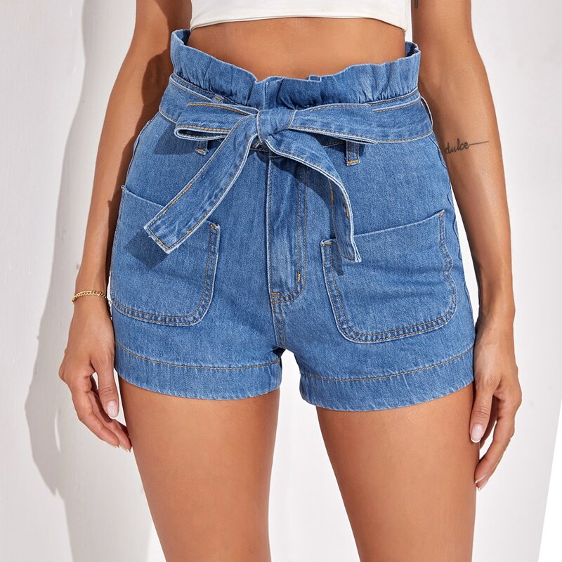 

Paperbag Waist Belted Denim Shorts, Medium wash