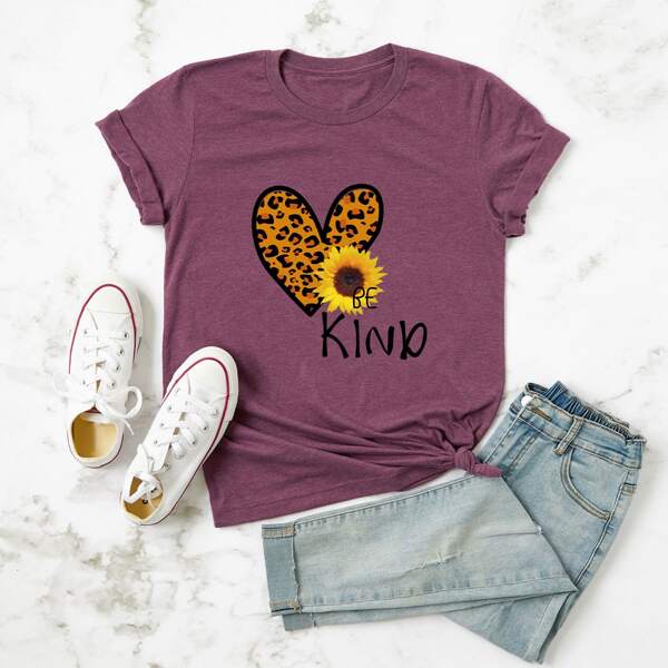 

Plus Heart And Sunflower Print Tee, Purple