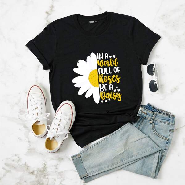 

Plus Floral And Slogan Graphic Tee, Black
