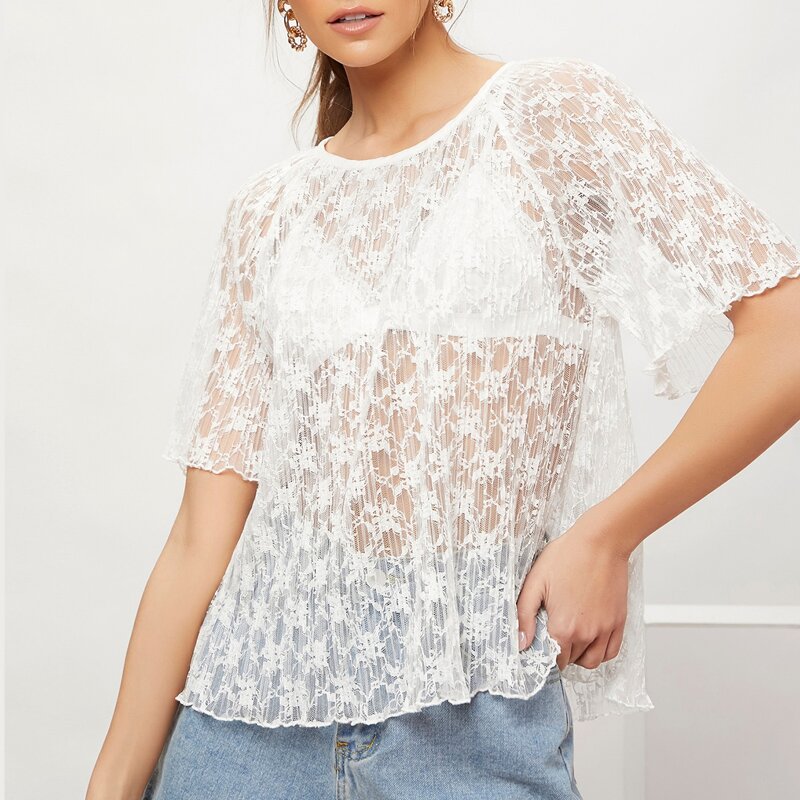 

Raglan Sleeve Lettuce Trim Lace Top Without Bra, White