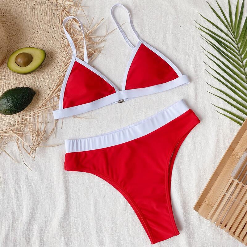 

Contrast Binding Triangle Bikini Swimsuit, Red