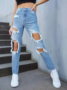 Jeans rotos de cintura alta - Lavado ligero - Ver 1