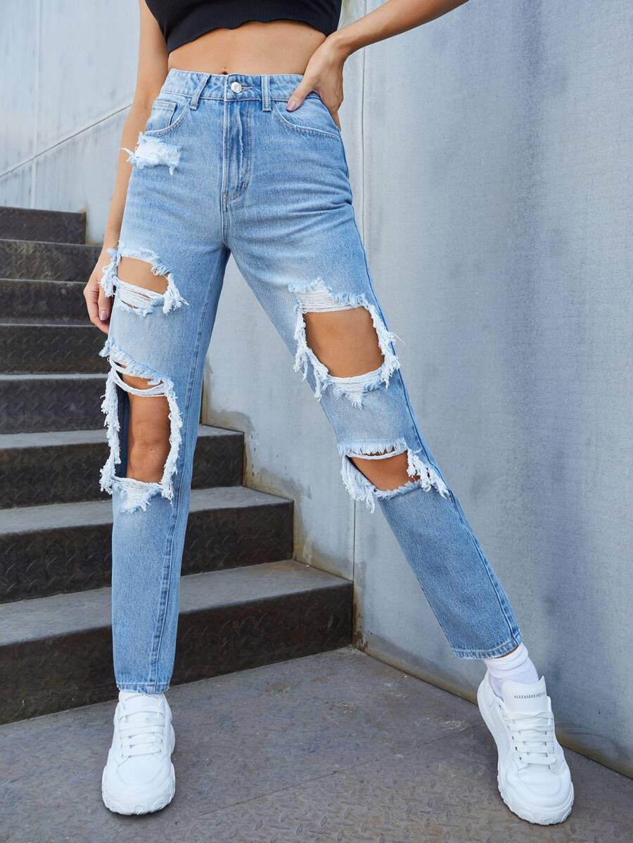 Jeans rotos de cintura alta - Lavado ligero - Ver 1