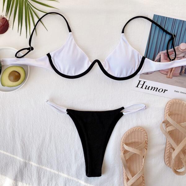 

Rib Underwire Thong Bikini Swimsuit, Black and white