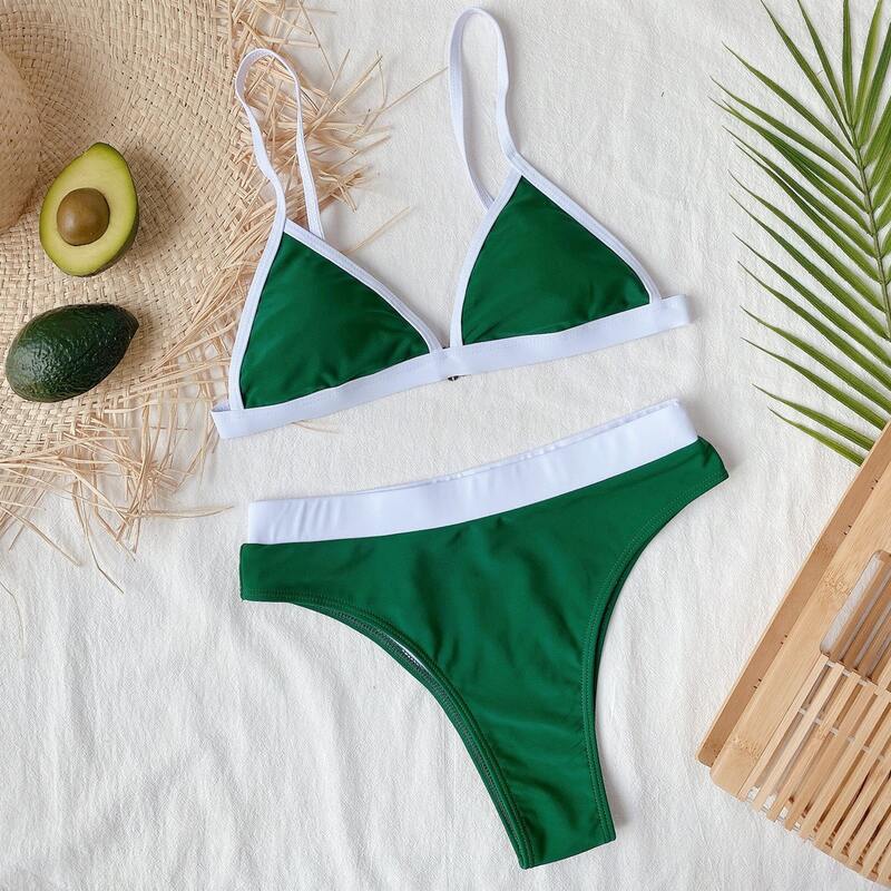 

Contrast Binding Triangle Bikini Swimsuit, Dark green
