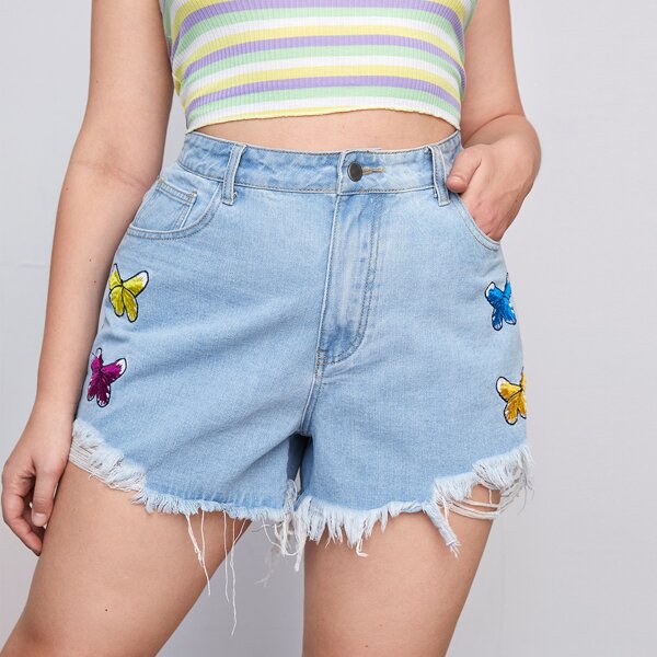 

Plus Butterfly Embroidery Raw Hem Denim Shorts, Light wash