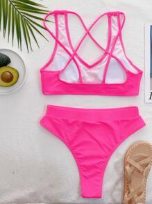 Plain High Waisted Bikini Set For Summer Beach Vacation - Hot Pink - View 2