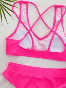 Plain High Waisted Bikini Set For Summer Beach Vacation - Hot Pink - View 4
