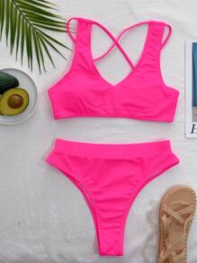 Plain High Waisted Bikini Set For Summer Beach Vacation - Hot Pink - View 5