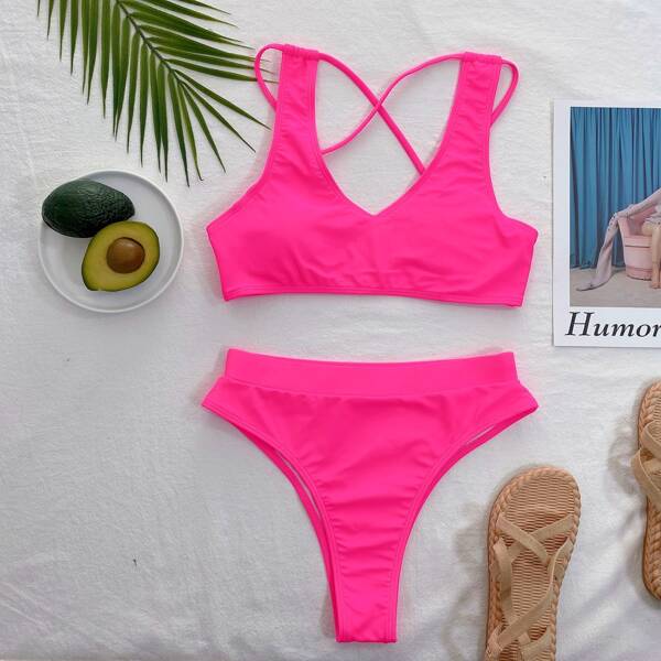 

Plain High Waisted Bikini Swimsuit, Hot pink