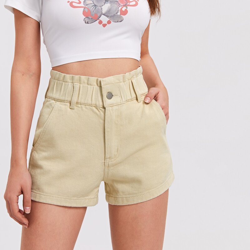 

Paperbag Waist Slant Pocket Denim Shorts, Beige