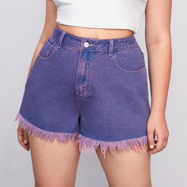 

Plus High Waist Raw Hem Denim Shorts, Purple