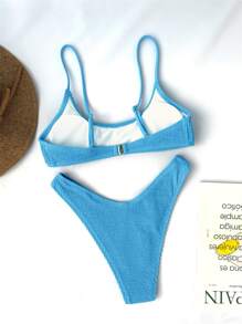 SHEIN Swim Textured High Cut Bikini Set For Summer Beach Vacation - Blue - View 2