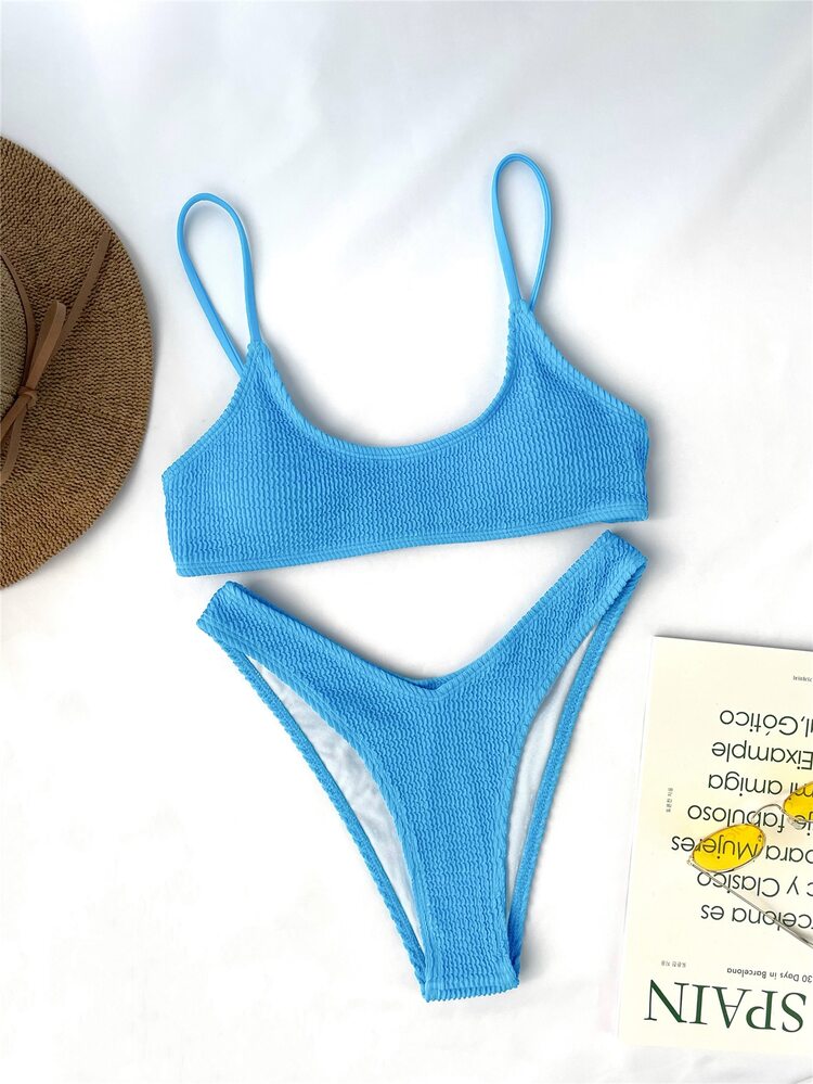 SHEIN Swim Conjunto de bikini de corte alto con textura para vacaciones de verano en la playa - Azul - Añade 4