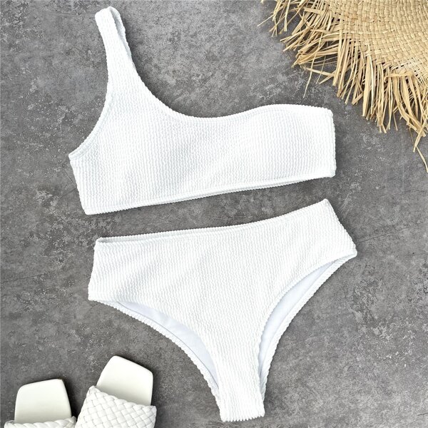 

Textured One Shoulder Bikini Swimsuit, White