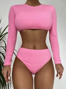 High Waisted Rashguard With Long Sleeve Summer Beach - Pink - View 3
