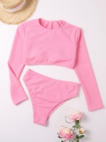 High Waisted Rashguard With Long Sleeve Summer Beach - Pink - View 4