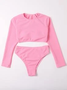 High Waisted Rashguard With Long Sleeve Summer Beach - Pink - View 5