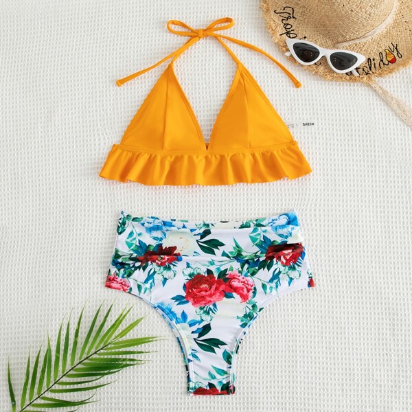 

Floral Ruffle Hem High Waisted Bikini Swimsuit, Multicolor
