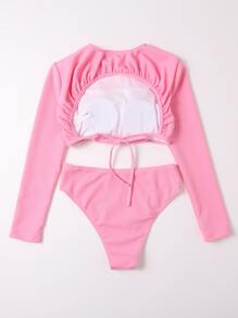 High Waisted Rashguard With Long Sleeve Summer Beach - Pink - View 8