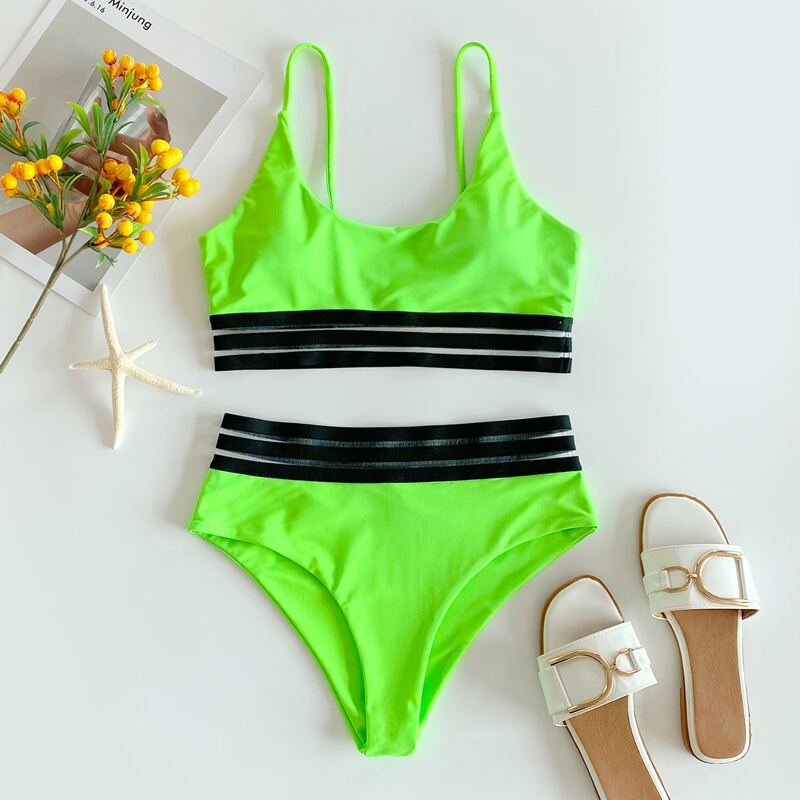 

Contrast Mesh High Waisted Bikini Swimsuit, Green