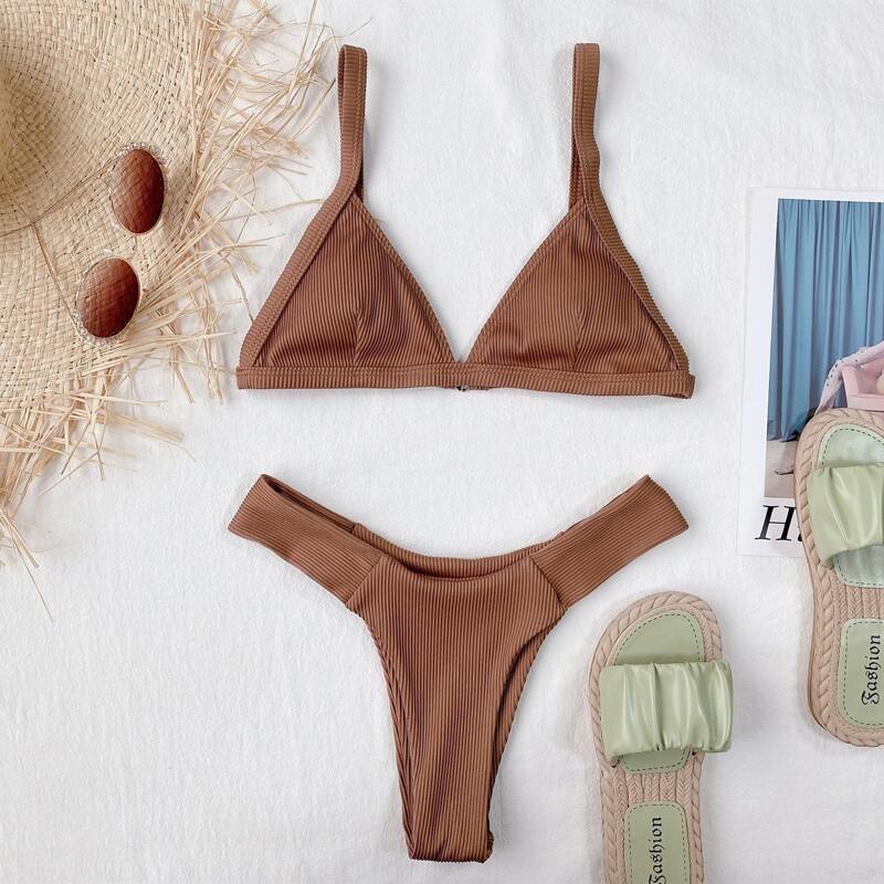 

Rib Triangle High Cut Bikini Swimsuit, Coffee brown