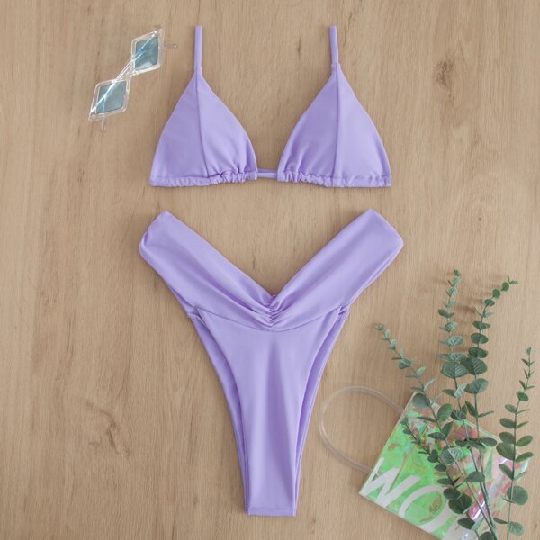 

Ruched Micro Triangle High Cut Bikini Swimsuit, Purple