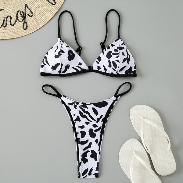 

Allover Print Triangle Thong Bikini Swimsuit, Black and white