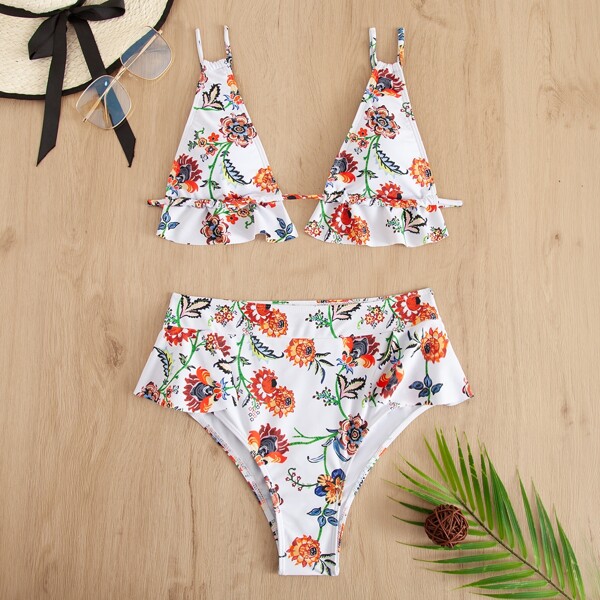 

Floral Ruffle Hem Bikini Swimsuit, Multicolor