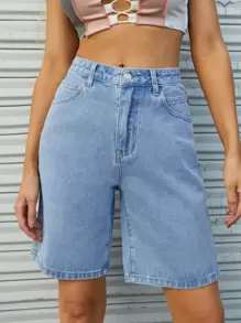 SHEIN EZwear Shorts de mezclilla de pierna ancha con cintura alta, shorts de mamá