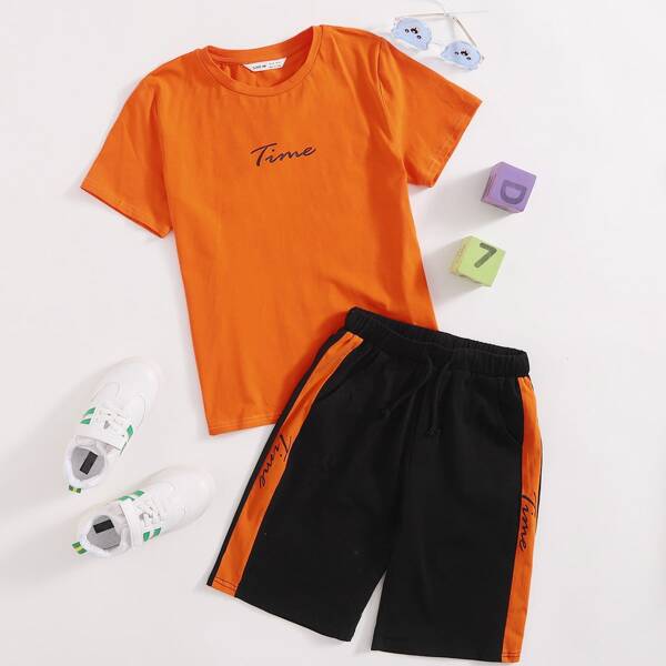 

Boys Letter Graphic Tee & Side Stripe Track Shorts Set, Multicolor