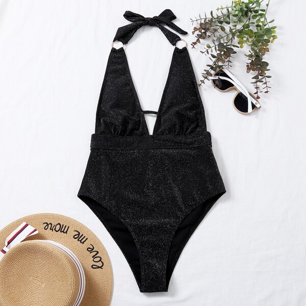 

Glitter Plunging One Piece Swimsuit, Black